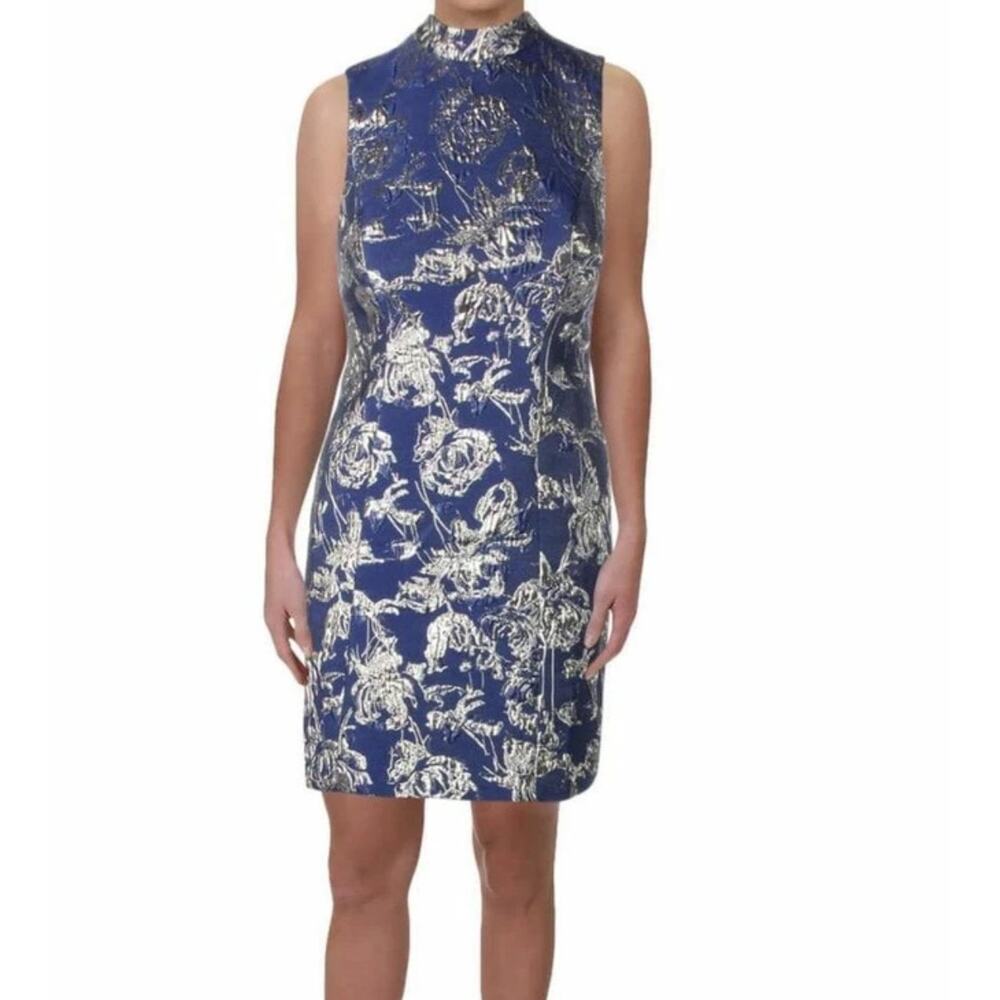 Aidan Mattox Women'S Blue Metallic Mock-Neck Sleeveless Party Dress Size 6